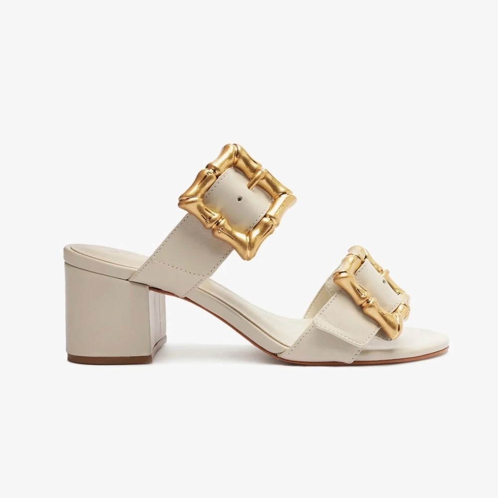 Schutz Pearl Enola Mid Block Leather Sandal Gold Buckle Heel Women's 5 B